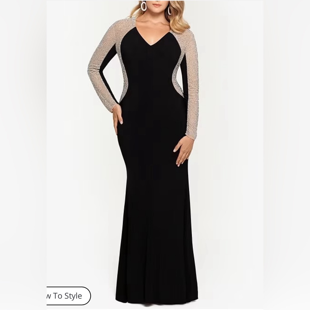 Xscape Long Sleeve V-Neck Crystal Beaded Gown
